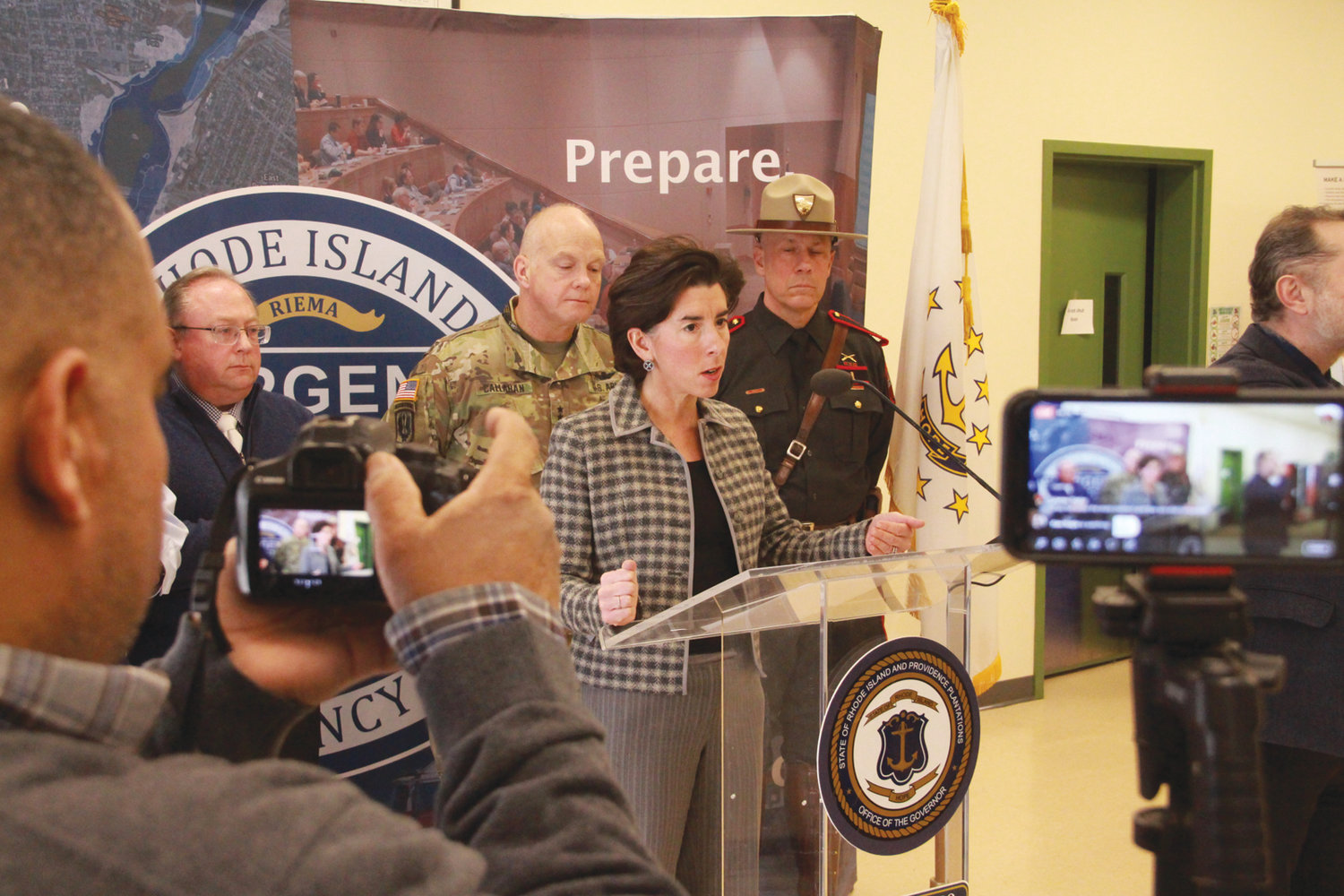 STATE’S RESPONSE: Gov. Gina Raimondo addresses members of the media during a Sunday at the Rhode Island Emergency Management Agency’s Cranston headquarters.